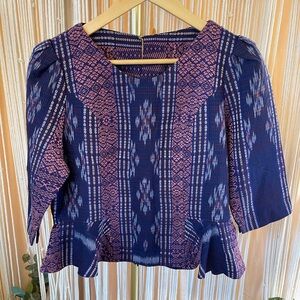 Vintage handwoven cotton ikat peplum flared top boatneck & 3/4 flared sleeve